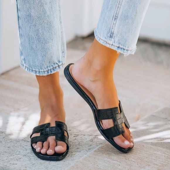 NEW Ccocci Croc Embossed Vegan Leather H Band Slide Slip On Comfy Sandals Black - Picture 5 of 11